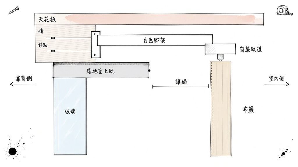 延伸腳架避開落地窗既有上軌示意圖